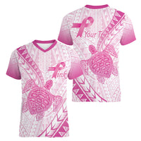 Breast Cancer Awareness Personalised Women V-Neck T-Shirt Pink Ribbon Turtle Polynesian Pattern White LT22 - Polynesian Pride