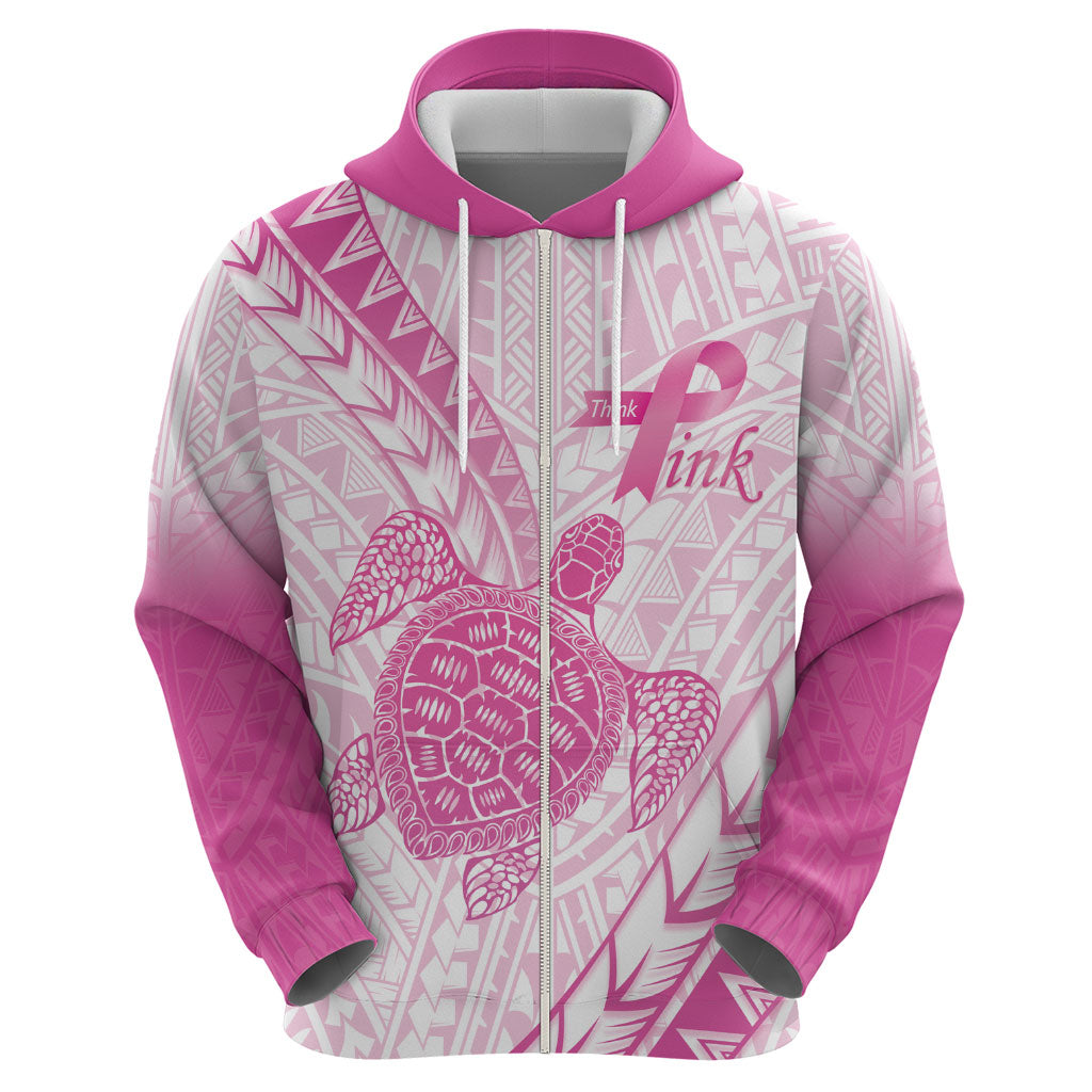 Breast Cancer Awareness Personalised Zip Hoodie Pink Ribbon Turtle Polynesian Pattern White LT22 - Polynesian Pride