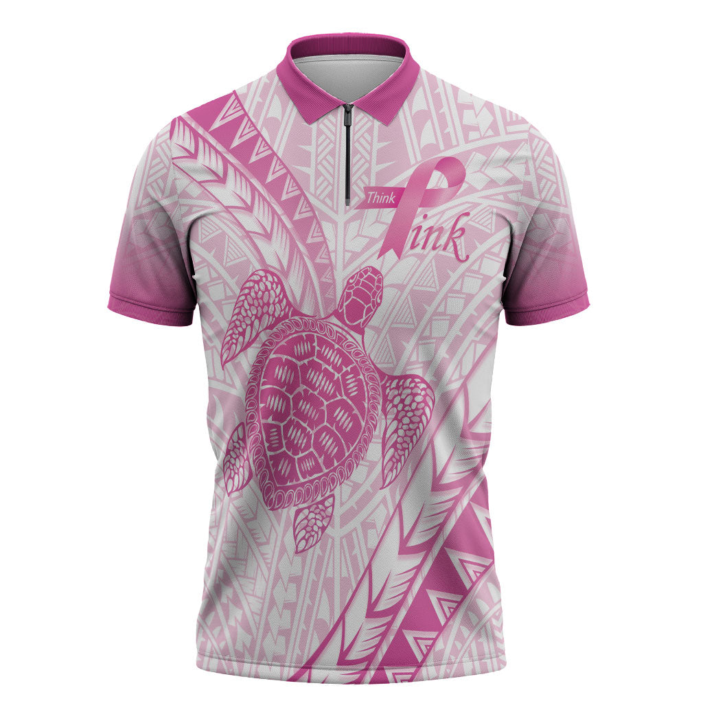 Breast Cancer Awareness Personalised Zipper Polo Shirt Pink Ribbon Turtle Polynesian Pattern White LT22 Pink - Polynesian Pride