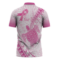 Breast Cancer Awareness Personalised Zipper Polo Shirt Pink Ribbon Turtle Polynesian Pattern White LT22 - Polynesian Pride