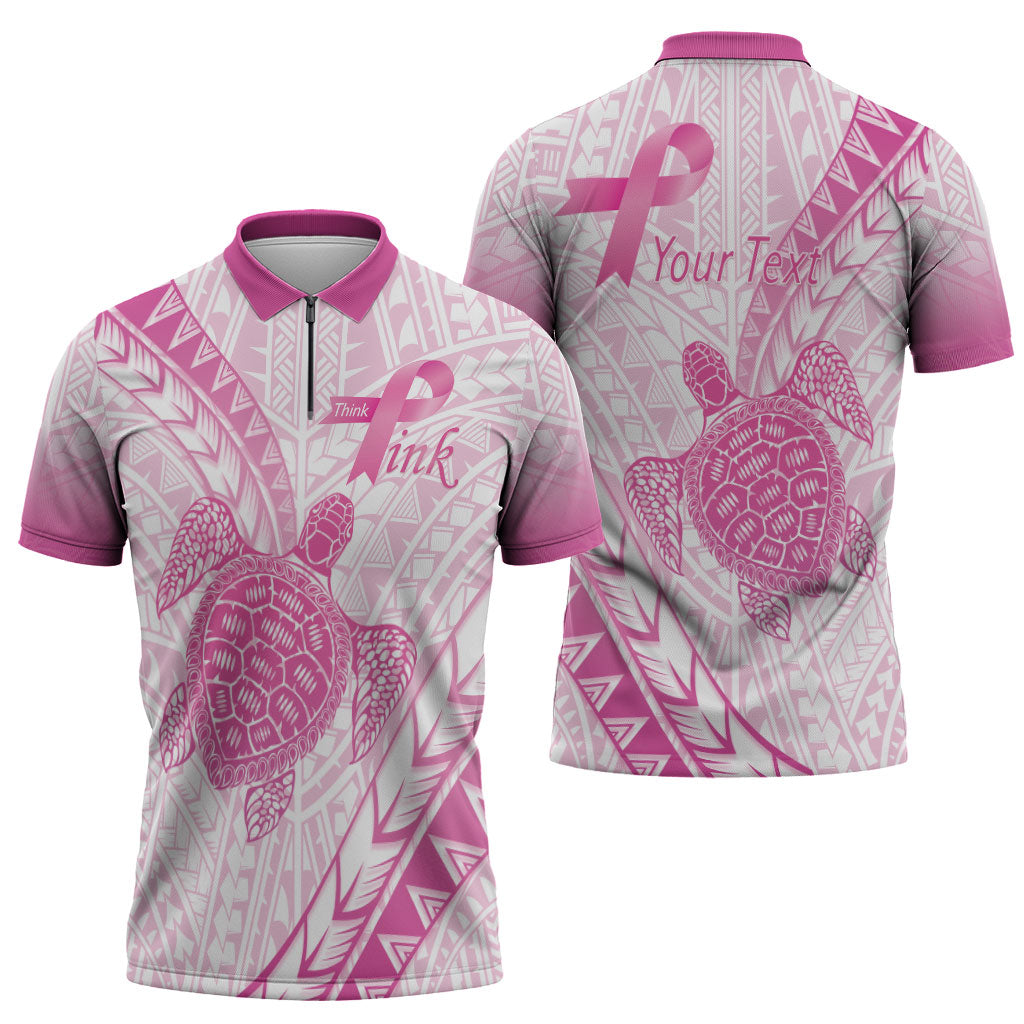 Breast Cancer Awareness Personalised Zipper Polo Shirt Pink Ribbon Turtle Polynesian Pattern White LT22 - Polynesian Pride
