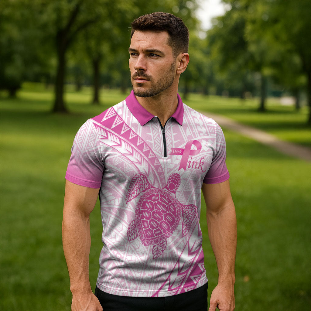 Breast Cancer Awareness Personalised Zipper Polo Shirt Pink Ribbon Turtle Polynesian Pattern White LT22 - Polynesian Pride
