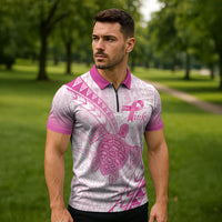 Breast Cancer Awareness Personalised Zipper Polo Shirt Pink Ribbon Turtle Polynesian Pattern White LT22 - Polynesian Pride