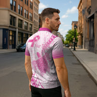 Breast Cancer Awareness Personalised Zipper Polo Shirt Pink Ribbon Turtle Polynesian Pattern White LT22 - Polynesian Pride