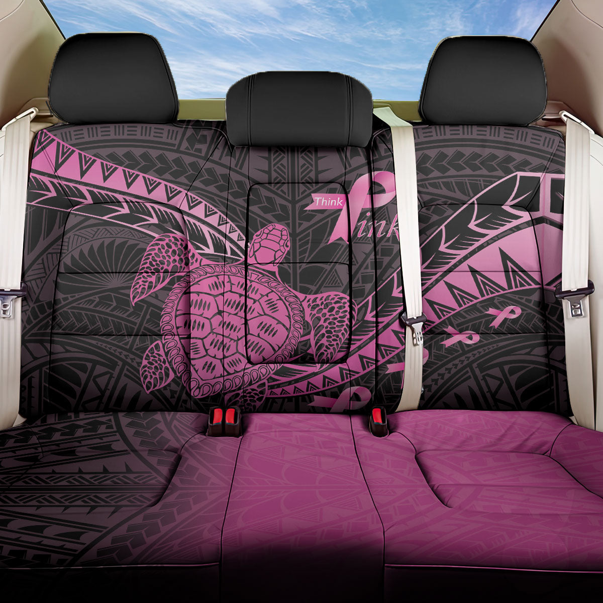 Breast Cancer Awareness Back Car Seat Cover Pink Ribbon Turtle Polynesian Pattern Black LT22 One Size Pink - Polynesian Pride