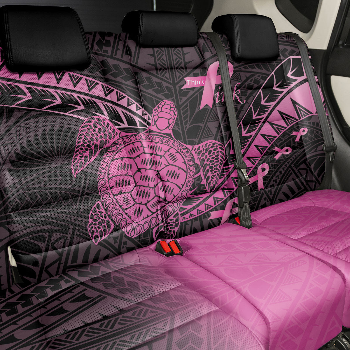 Breast Cancer Awareness Back Car Seat Cover Pink Ribbon Turtle Polynesian Pattern Black LT22 - Polynesian Pride