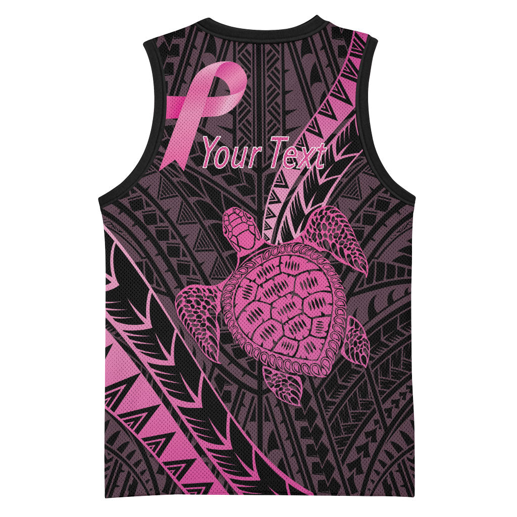 Breast Cancer Awareness Personalised Basketball Jersey Pink Ribbon Turtle Polynesian Pattern Black LT22 - Polynesian Pride