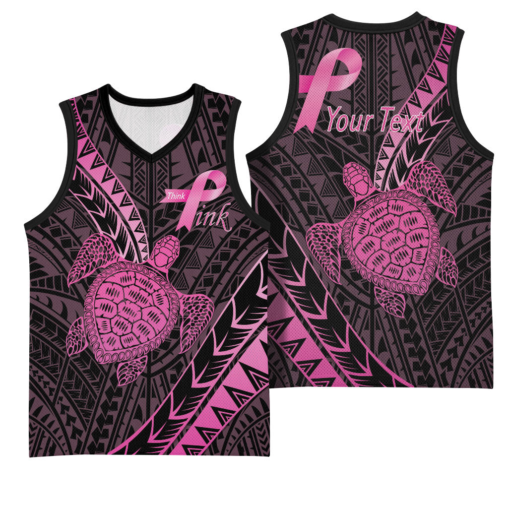 Breast Cancer Awareness Personalised Basketball Jersey Pink Ribbon Turtle Polynesian Pattern Black LT22 - Polynesian Pride