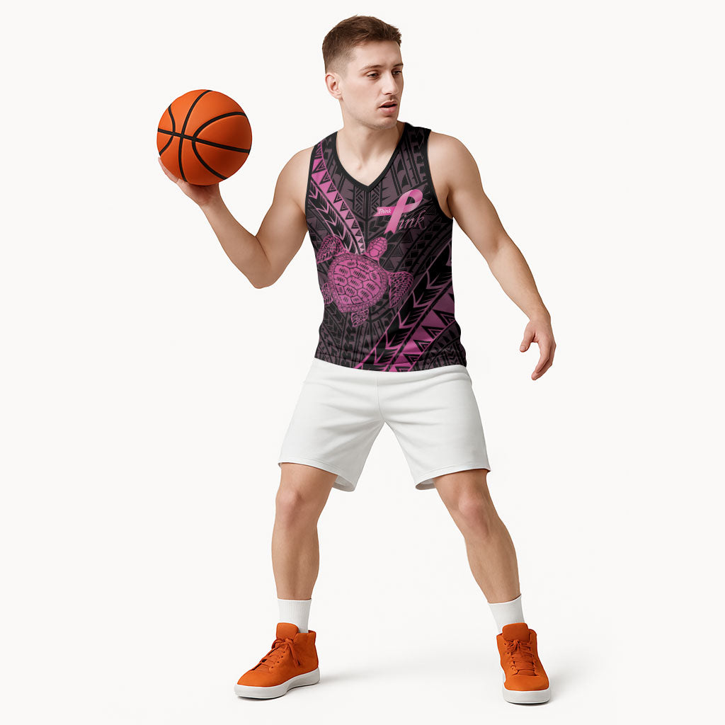 Breast Cancer Awareness Personalised Basketball Jersey Pink Ribbon Turtle Polynesian Pattern Black LT22 - Polynesian Pride