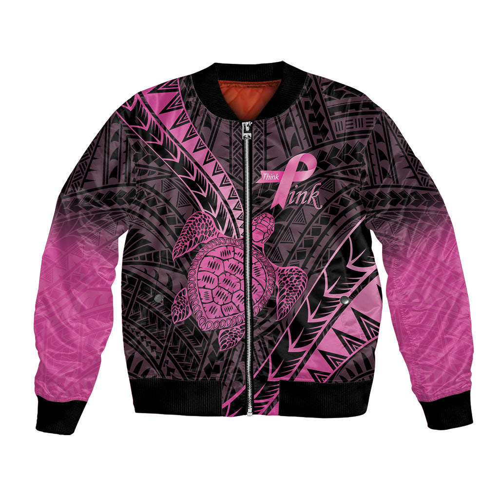 Breast Cancer Awareness Personalised Bomber Jacket Pink Ribbon Turtle Polynesian Pattern Black LT22 Unisex Pink - Polynesian Pride
