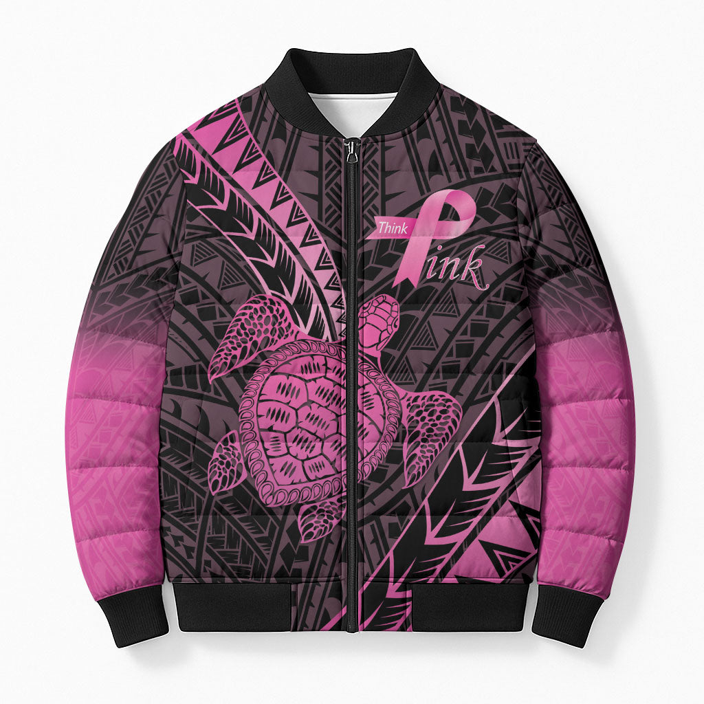 Breast Cancer Awareness Personalised Bomber Puffer Jacket Pink Ribbon Turtle Polynesian Pattern Black LT22 Unisex Pink - Polynesian Pride