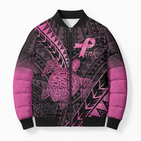 Breast Cancer Awareness Personalised Bomber Puffer Jacket Pink Ribbon Turtle Polynesian Pattern Black LT22 Unisex Pink - Polynesian Pride