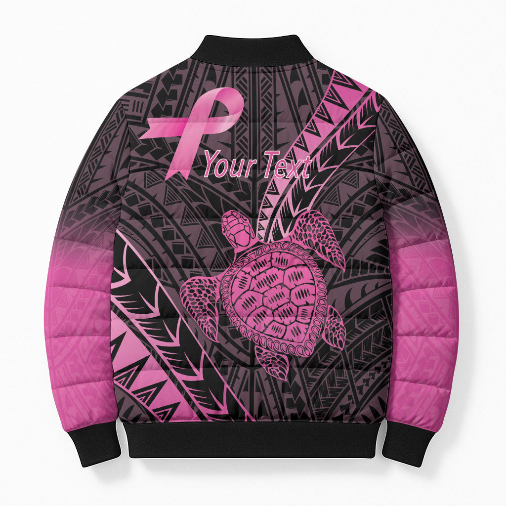 Breast Cancer Awareness Personalised Bomber Puffer Jacket Pink Ribbon Turtle Polynesian Pattern Black LT22 - Polynesian Pride