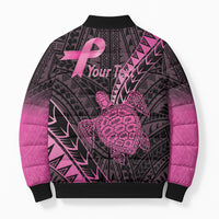 Breast Cancer Awareness Personalised Bomber Puffer Jacket Pink Ribbon Turtle Polynesian Pattern Black LT22 - Polynesian Pride