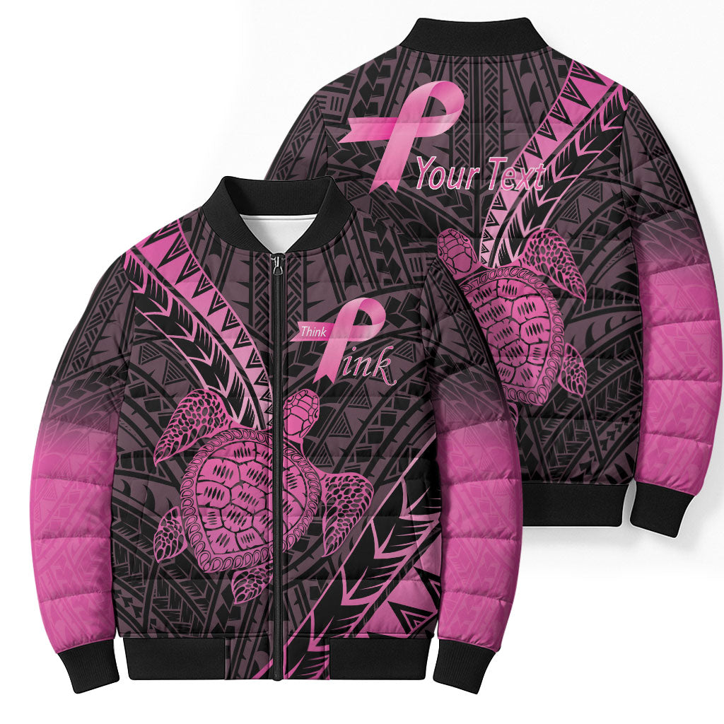 Breast Cancer Awareness Personalised Bomber Puffer Jacket Pink Ribbon Turtle Polynesian Pattern Black LT22 - Polynesian Pride