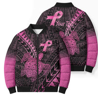 Breast Cancer Awareness Personalised Bomber Puffer Jacket Pink Ribbon Turtle Polynesian Pattern Black LT22 - Polynesian Pride