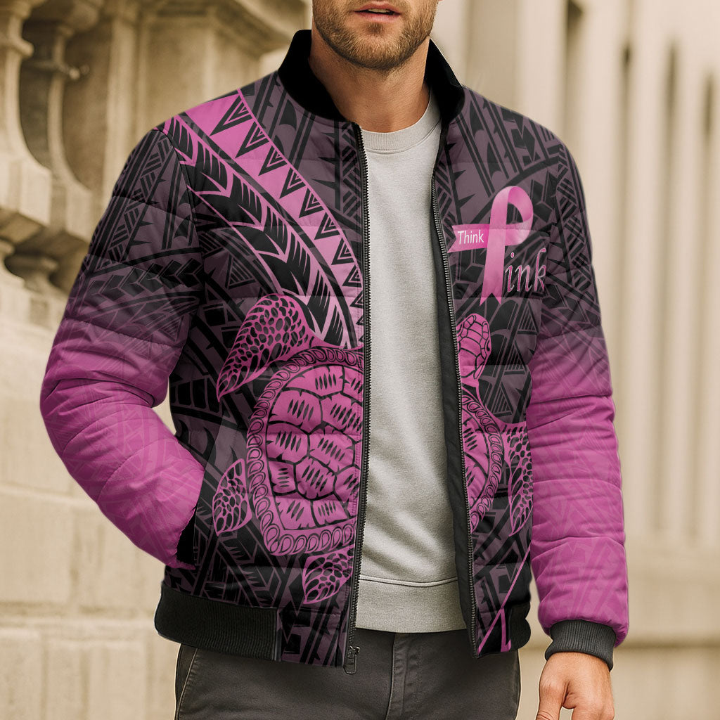 Breast Cancer Awareness Personalised Bomber Puffer Jacket Pink Ribbon Turtle Polynesian Pattern Black LT22 - Polynesian Pride