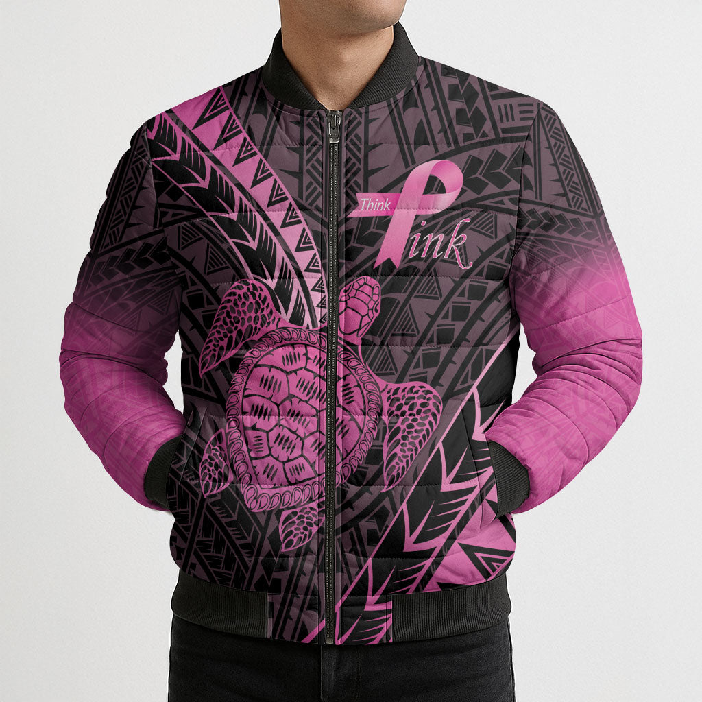 Breast Cancer Awareness Personalised Bomber Puffer Jacket Pink Ribbon Turtle Polynesian Pattern Black LT22 - Polynesian Pride