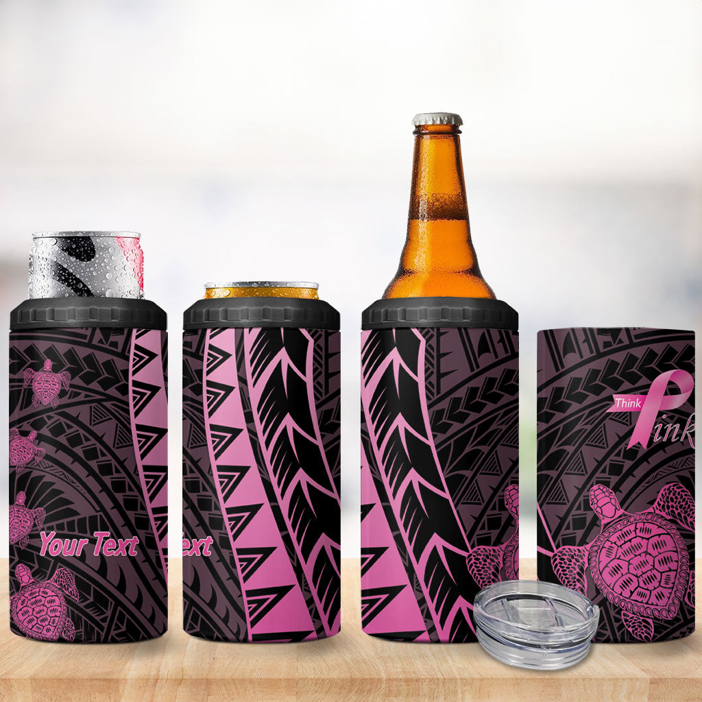 Breast Cancer Awareness Personalised 4 in 1 Can Cooler Tumbler Pink Ribbon Turtle Polynesian Pattern Black LT22 - Polynesian Pride
