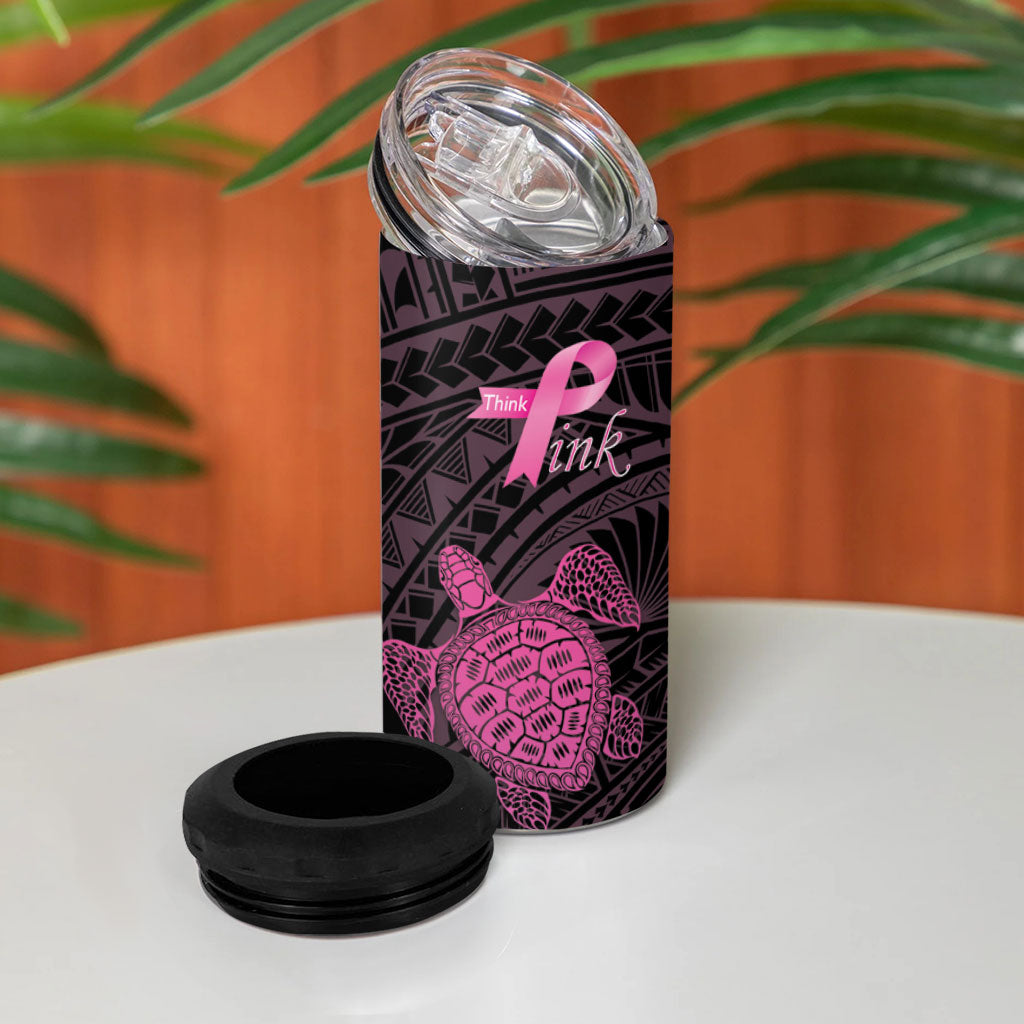 Breast Cancer Awareness Personalised 4 in 1 Can Cooler Tumbler Pink Ribbon Turtle Polynesian Pattern Black LT22 - Polynesian Pride