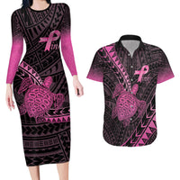 Breast Cancer Awareness Personalised Couples Matching Long Sleeve Bodycon Dress and Hawaiian Shirt Pink Ribbon Turtle Polynesian Pattern Black