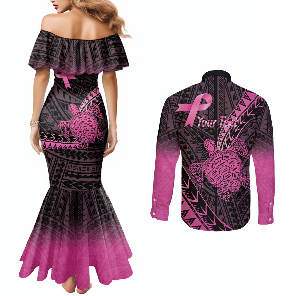 Breast Cancer Awareness Personalised Couples Matching Mermaid Dress and Long Sleeve Button Shirt Pink Ribbon Turtle Polynesian Pattern Black LT22 - Polynesian Pride