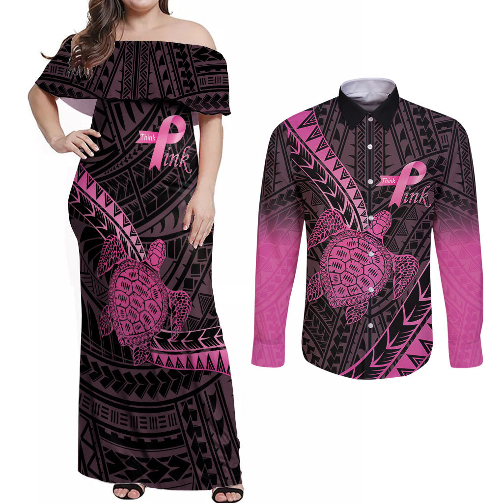 Breast Cancer Awareness Personalised Couples Matching Off Shoulder Maxi Dress and Long Sleeve Button Shirt Pink Ribbon Turtle Polynesian Pattern Black LT22 Pink - Polynesian Pride