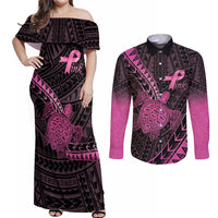 Breast Cancer Awareness Personalised Couples Matching Off Shoulder Maxi Dress and Long Sleeve Button Shirt Pink Ribbon Turtle Polynesian Pattern Black LT22 Pink - Polynesian Pride