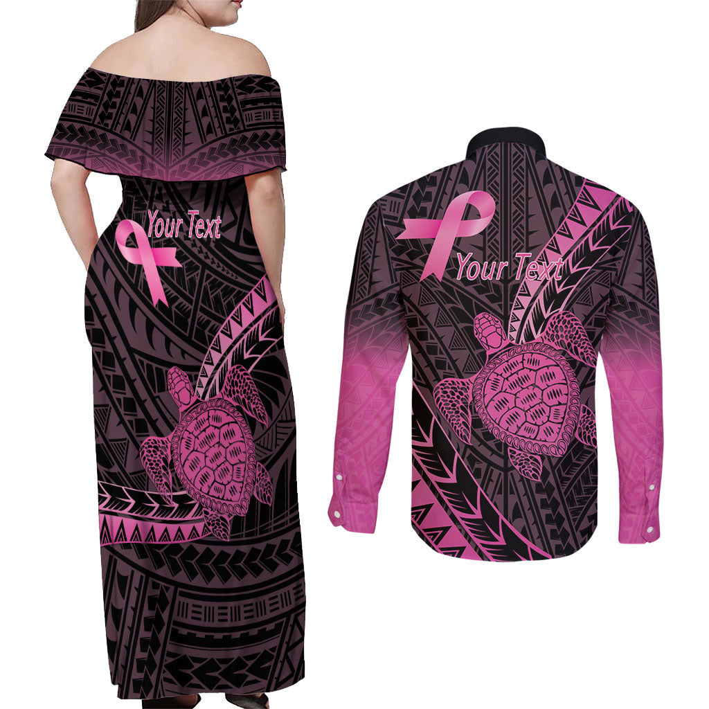 Breast Cancer Awareness Personalised Couples Matching Off Shoulder Maxi Dress and Long Sleeve Button Shirt Pink Ribbon Turtle Polynesian Pattern Black LT22 - Polynesian Pride