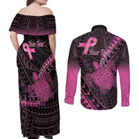 Breast Cancer Awareness Personalised Couples Matching Off Shoulder Maxi Dress and Long Sleeve Button Shirt Pink Ribbon Turtle Polynesian Pattern Black LT22 - Polynesian Pride