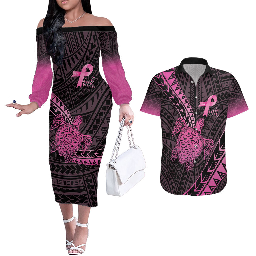 Breast Cancer Awareness Personalised Couples Matching Off The Shoulder Long Sleeve Dress and Hawaiian Shirt Pink Ribbon Turtle Polynesian Pattern Black LT22 Pink - Polynesian Pride