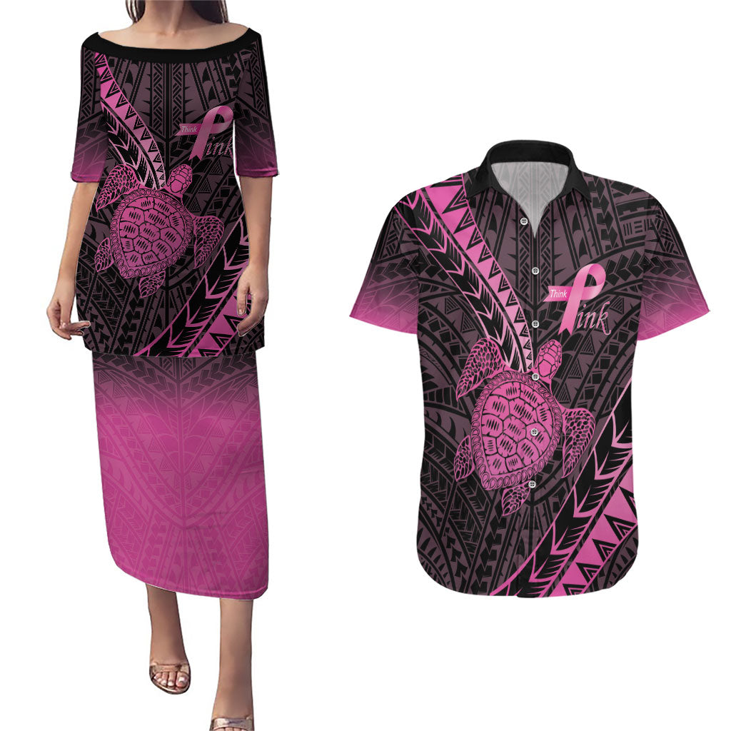 Breast Cancer Awareness Personalised Couples Matching Puletasi and Hawaiian Shirt Pink Ribbon Turtle Polynesian Pattern Black LT22 Pink - Polynesian Pride
