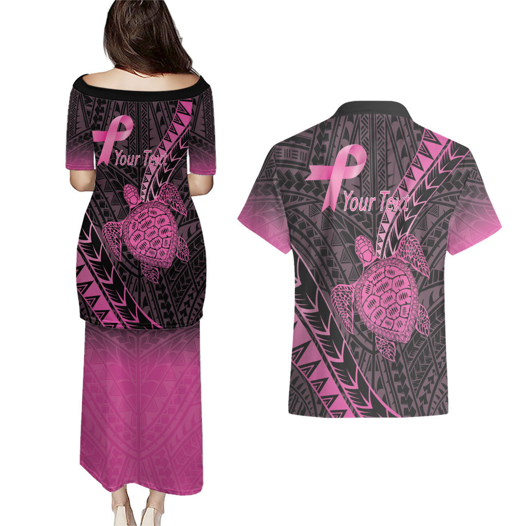 Breast Cancer Awareness Personalised Couples Matching Puletasi and Hawaiian Shirt Pink Ribbon Turtle Polynesian Pattern Black LT22 - Polynesian Pride