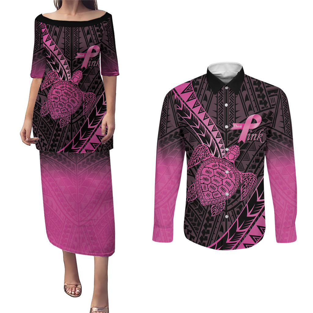 Breast Cancer Awareness Personalised Couples Matching Puletasi and Long Sleeve Button Shirt Pink Ribbon Turtle Polynesian Pattern Black LT22 Pink - Polynesian Pride