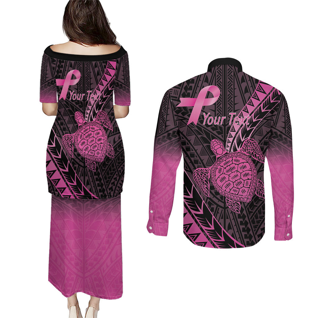 Breast Cancer Awareness Personalised Couples Matching Puletasi and Long Sleeve Button Shirt Pink Ribbon Turtle Polynesian Pattern Black LT22 - Polynesian Pride