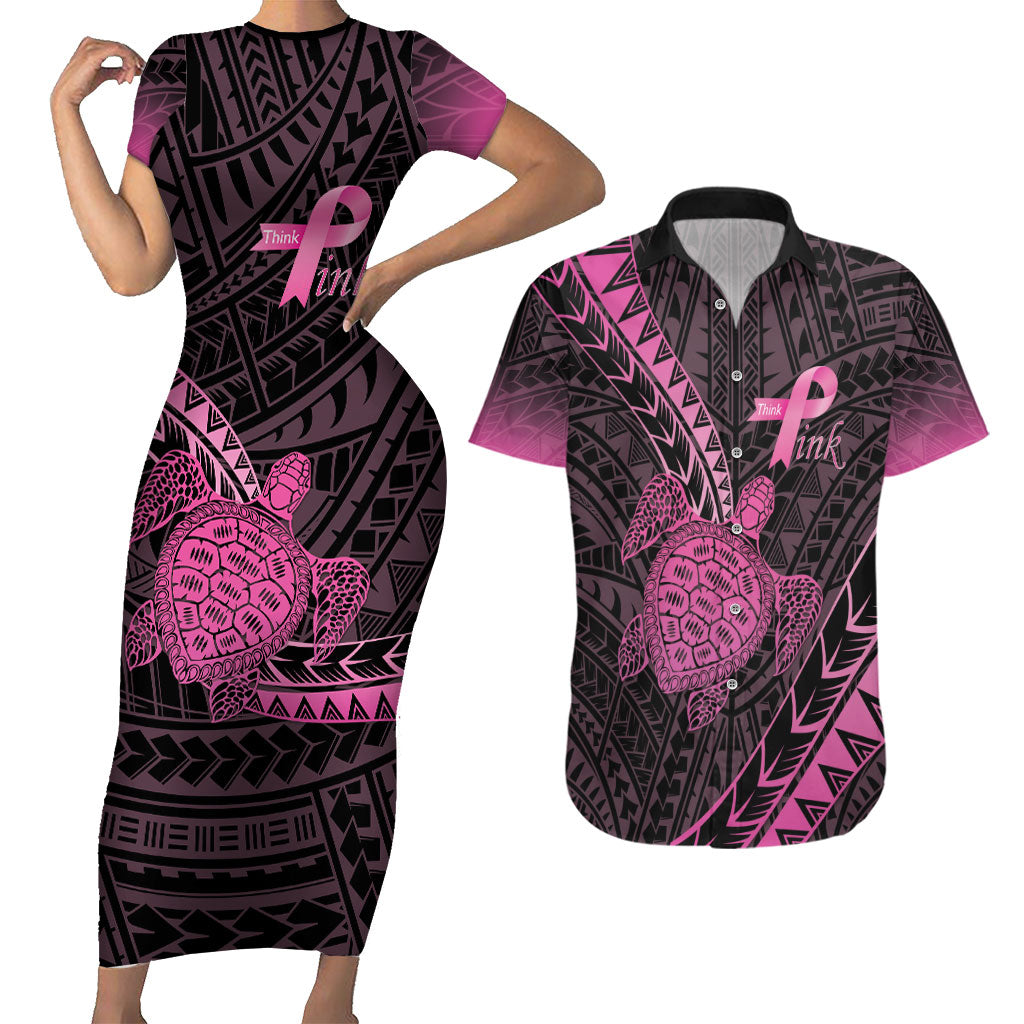 Breast Cancer Awareness Personalised Couples Matching Short Sleeve Bodycon Dress and Hawaiian Shirt Pink Ribbon Turtle Polynesian Pattern Black LT22 Pink - Polynesian Pride