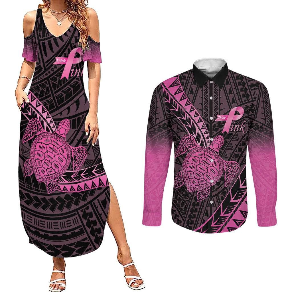 Breast Cancer Awareness Personalised Couples Matching Summer Maxi Dress and Long Sleeve Button Shirt Pink Ribbon Turtle Polynesian Pattern Black LT22 Pink - Polynesian Pride