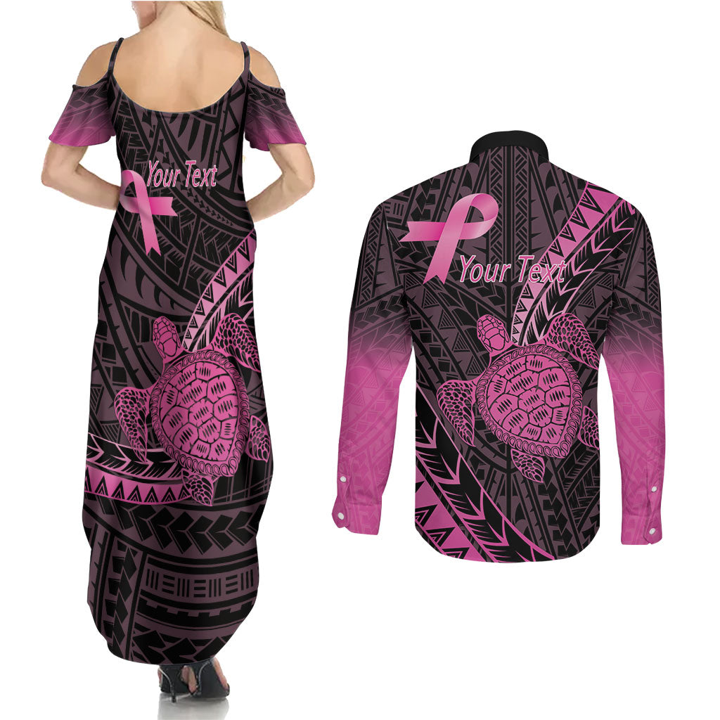 Breast Cancer Awareness Personalised Couples Matching Summer Maxi Dress and Long Sleeve Button Shirt Pink Ribbon Turtle Polynesian Pattern Black LT22 - Polynesian Pride