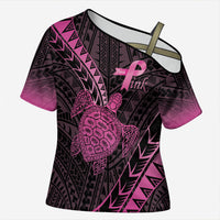 Breast Cancer Awareness Personalised Cross Shoulder Shirt Pink Ribbon Turtle Polynesian Pattern Black LT22 Female Pink - Polynesian Pride