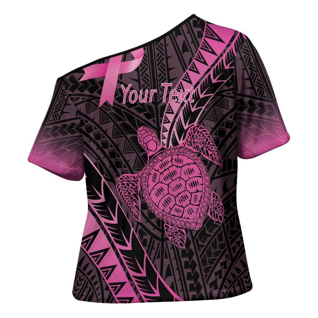 Breast Cancer Awareness Personalised Cross Shoulder Shirt Pink Ribbon Turtle Polynesian Pattern Black LT22 - Polynesian Pride