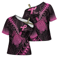 Breast Cancer Awareness Personalised Cross Shoulder Shirt Pink Ribbon Turtle Polynesian Pattern Black LT22 - Polynesian Pride