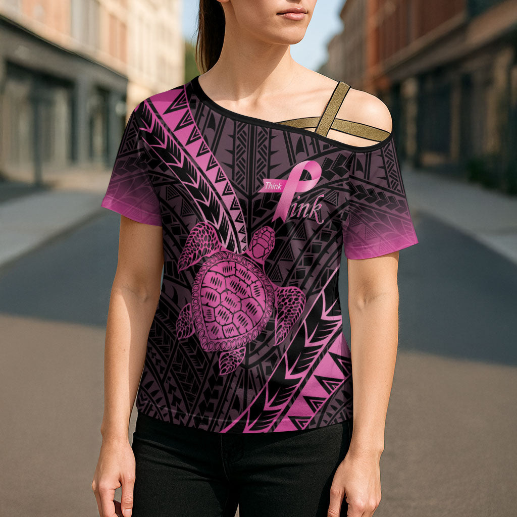 Breast Cancer Awareness Personalised Cross Shoulder Shirt Pink Ribbon Turtle Polynesian Pattern Black LT22 - Polynesian Pride