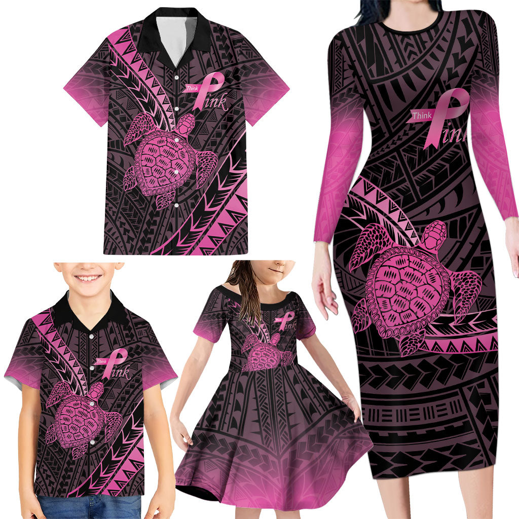 Breast Cancer Awareness Personalised Family Matching Long Sleeve Bodycon Dress and Hawaiian Shirt Pink Ribbon Turtle Polynesian Pattern Black LT22 - Polynesian Pride