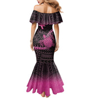Breast Cancer Awareness Personalised Family Matching Mermaid Dress and Hawaiian Shirt Pink Ribbon Turtle Polynesian Pattern Black