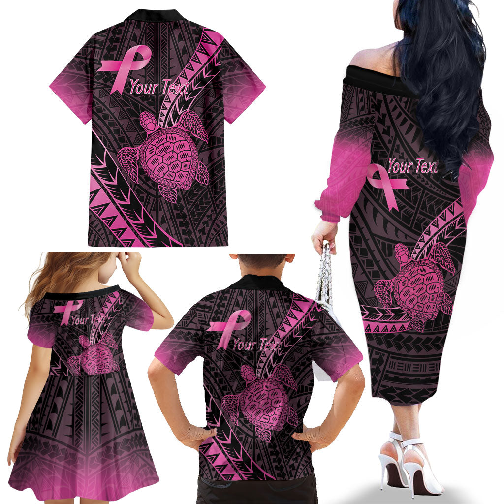 Breast Cancer Awareness Personalised Family Matching Off The Shoulder Long Sleeve Dress and Hawaiian Shirt Pink Ribbon Turtle Polynesian Pattern Black