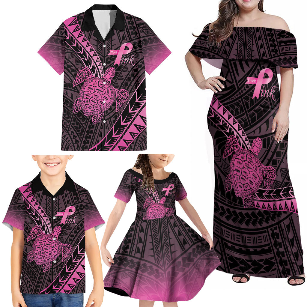 Breast Cancer Awareness Personalised Family Matching Off Shoulder Maxi Dress and Hawaiian Shirt Pink Ribbon Turtle Polynesian Pattern Black LT22 - Polynesian Pride