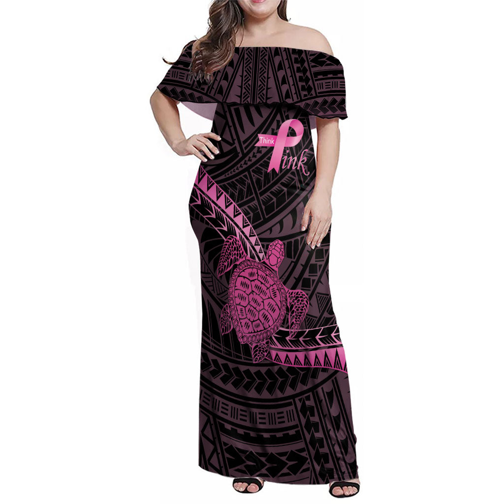 Breast Cancer Awareness Personalised Family Matching Off Shoulder Maxi Dress and Hawaiian Shirt Pink Ribbon Turtle Polynesian Pattern Black