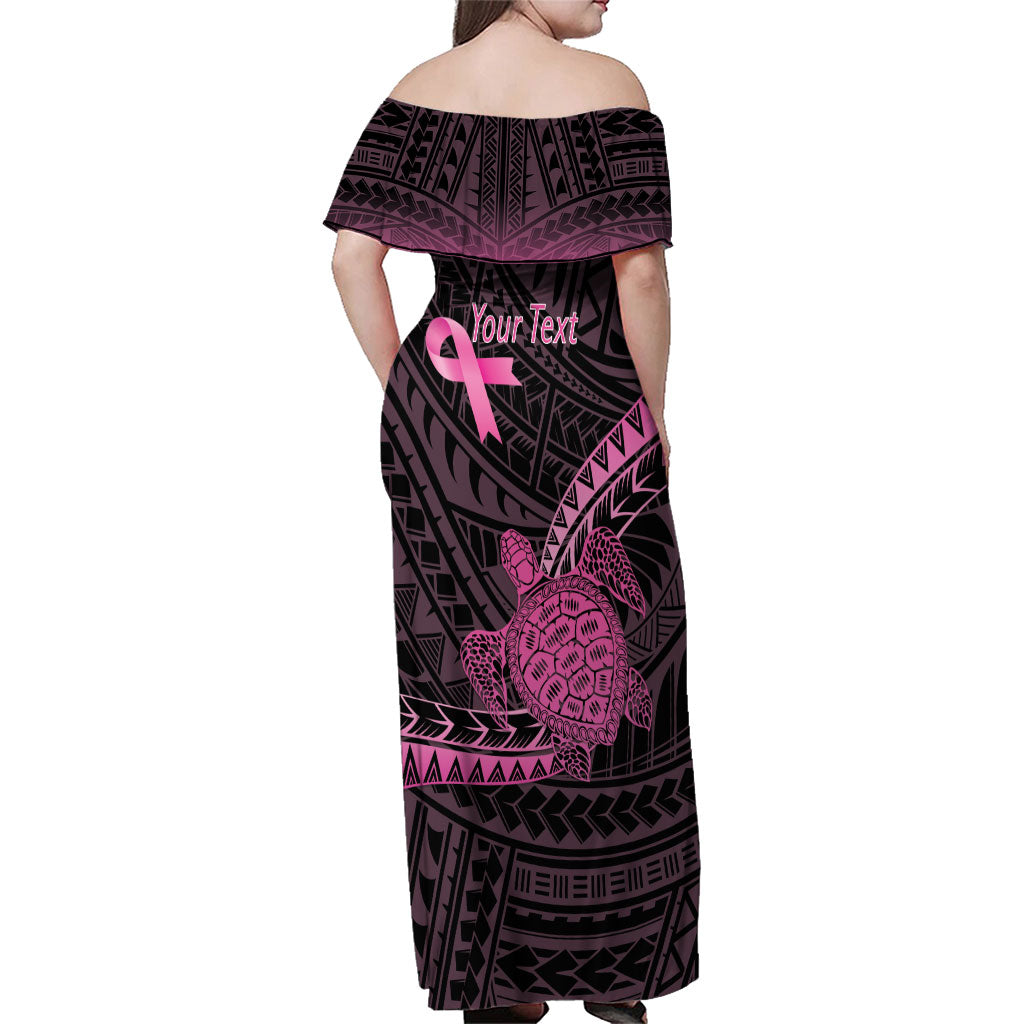 Breast Cancer Awareness Personalised Family Matching Off Shoulder Maxi Dress and Hawaiian Shirt Pink Ribbon Turtle Polynesian Pattern Black