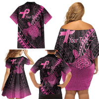 Breast Cancer Awareness Personalised Family Matching Off Shoulder Short Dress and Hawaiian Shirt Pink Ribbon Turtle Polynesian Pattern Black