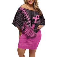 Breast Cancer Awareness Personalised Family Matching Off Shoulder Short Dress and Hawaiian Shirt Pink Ribbon Turtle Polynesian Pattern Black
